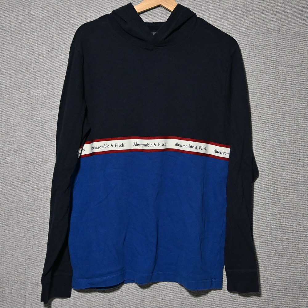 Abercrombie & Fitch Hooded Long Sleeve Tee Mens Colorblock Logo M Navy Blue
